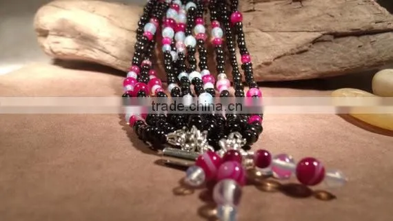 Black Glass Beads Moonstone and Pink Stripped Agate Bracelet