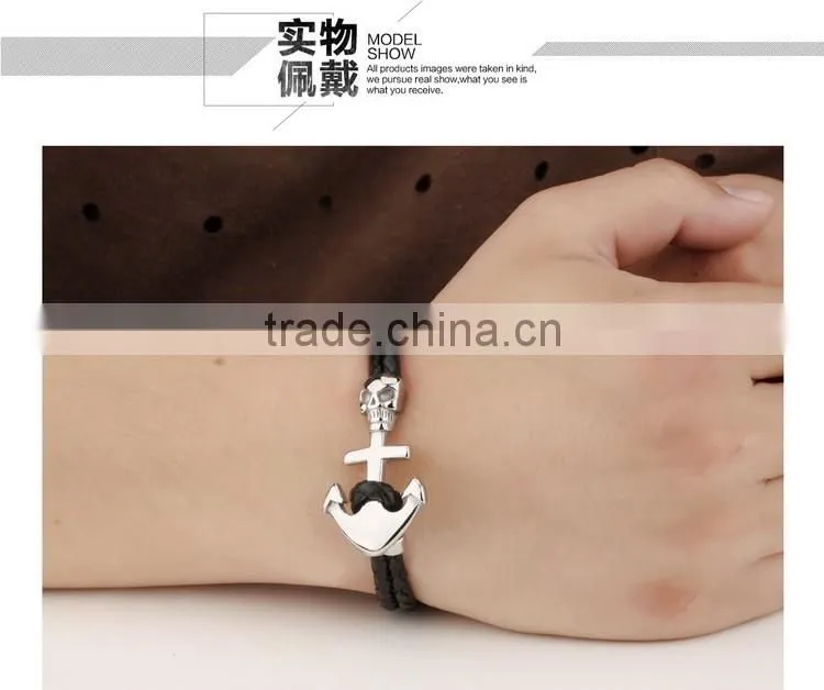 Cheap stainless steel skull boat anchor double braided leather bracelet punk rock style