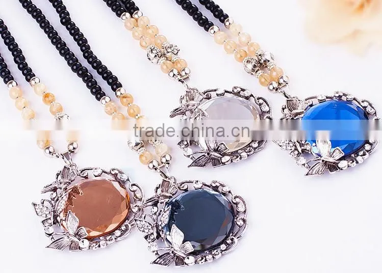 Fashion Jewelry Circle Shaped Crystal Pendant Necklace Beads Chain Long Necklace