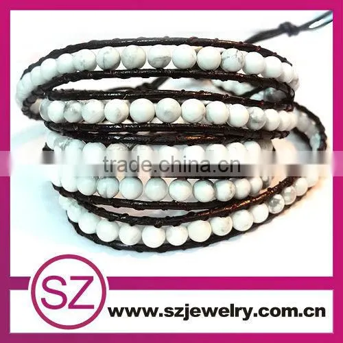 2013 fashion jewelry 5 wrap gemstone bead leather bracelet