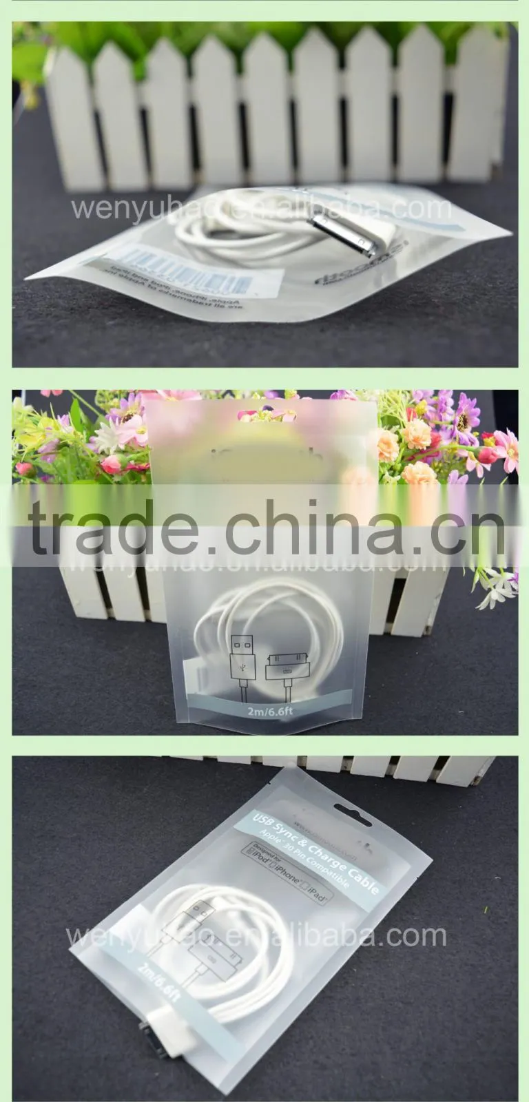header plastic packing bag for usb sync & charge cable / transparent phone accessories packing bag