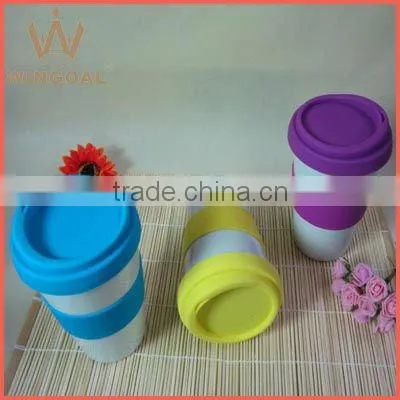 WG398 ceramic double wall travel mug with silicone lid,colorful ceramic mug