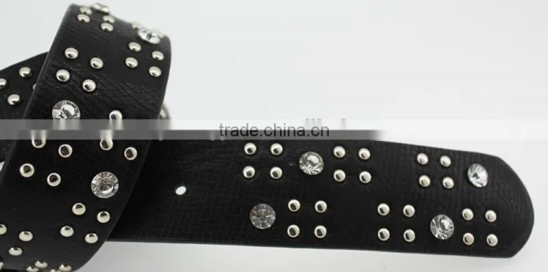 Women's classical metal and rhinestone studded 33Mm belt leather with shiny rhinestone buckle
