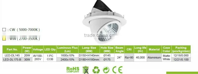 220V 24degree Indoor IP44 20W COB Aliminium CE RoHS Downlight Fixture