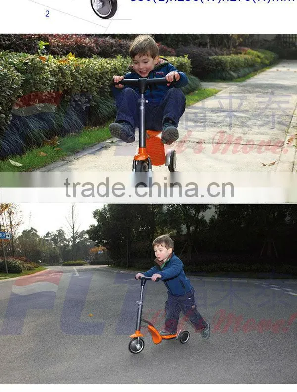 Hot selling 2 in 1 FLT-1006 three wheel kids scooter with strong steel and PU wheel for sale in 2013