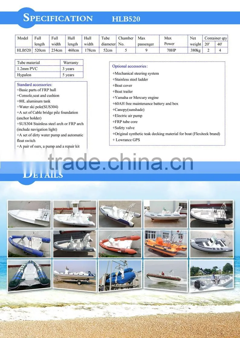 2016 popular CE certified inflatable rib boat 520 with hypalon for sale
