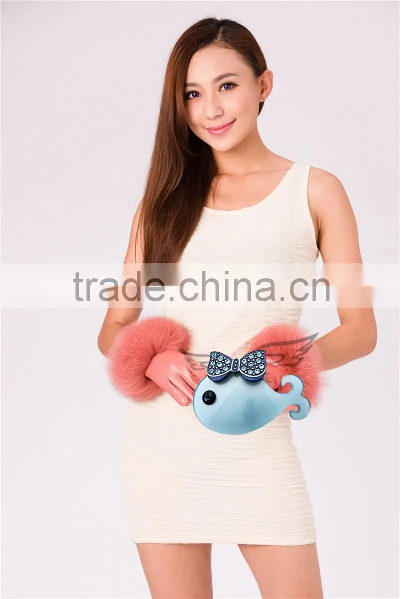 New Arrival Fashion Winter Warm Lambskin Ladies Fox Fur Leather Gloves
