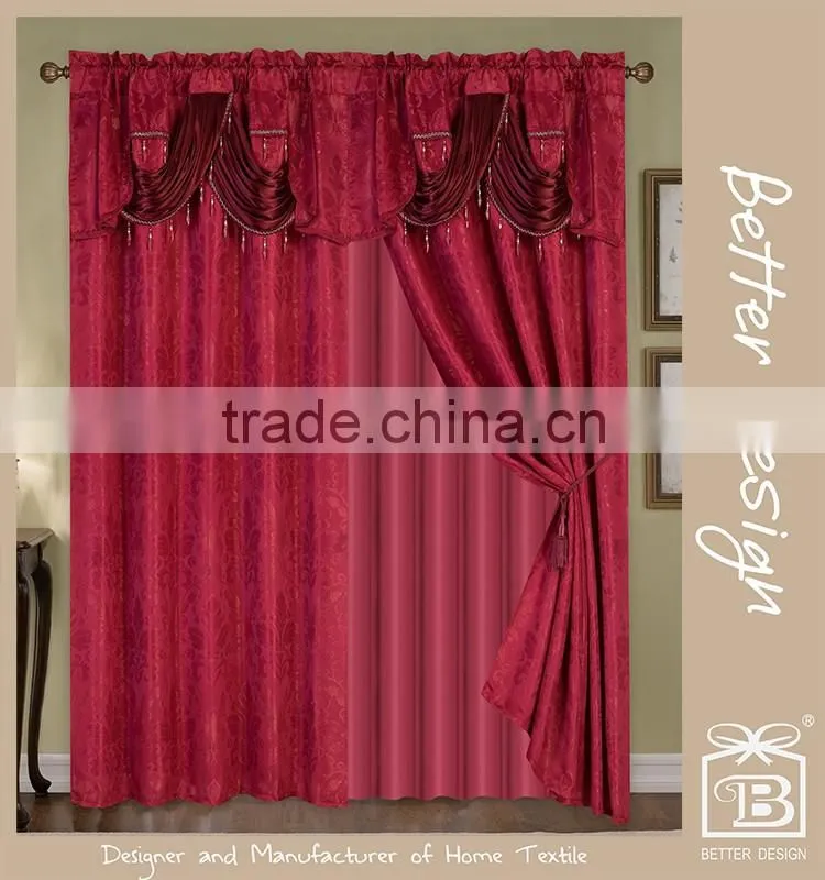 Betterdesign 10 minites Replied Polyester Burgundy 2 PCS Jacquard Luxury Room Blackout Curtain With Valance