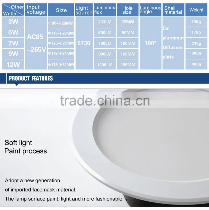Round shape led Downlight 3W 5W 7W 9W 12W AC85-265V white warm white nature white LED Lamps For Home Decoration