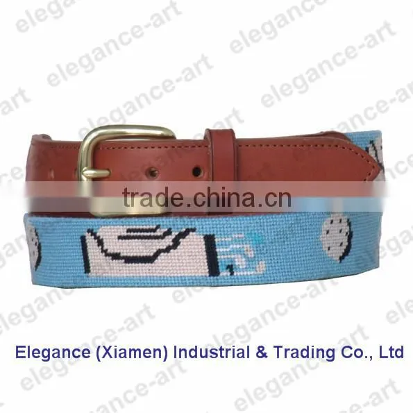 Hot Selling Handmade Bule Golf Bag Needlepoint Belts With Genuine Leather Cowhide