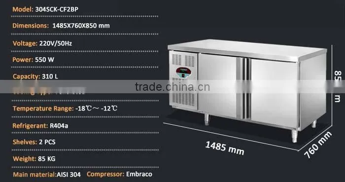304 Stainless Steel Double Door Bench Freezer/Freezer Table/Hotel Refrigerator Freezer
