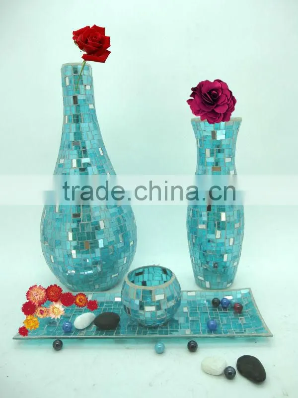 Elegant Style Crackle Mosaic Cheap Goblet Silver Blue Stained Glass Candle Holder