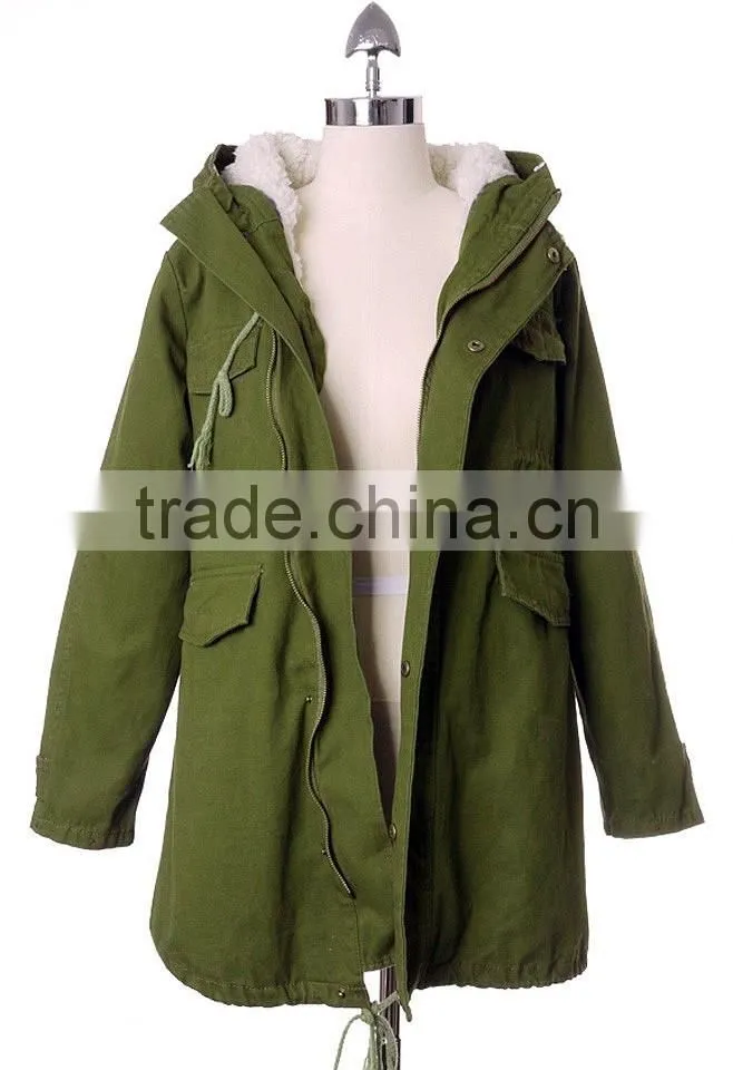 Detachable Faux Fur Jacket with fur collar fur sleeve ,women Army green Jacket coat