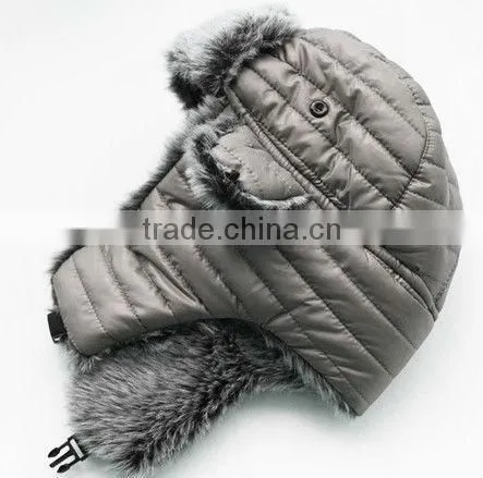 Snow ski wool buffaro check rabbit fur aviator winter trapper hat with ear flaps