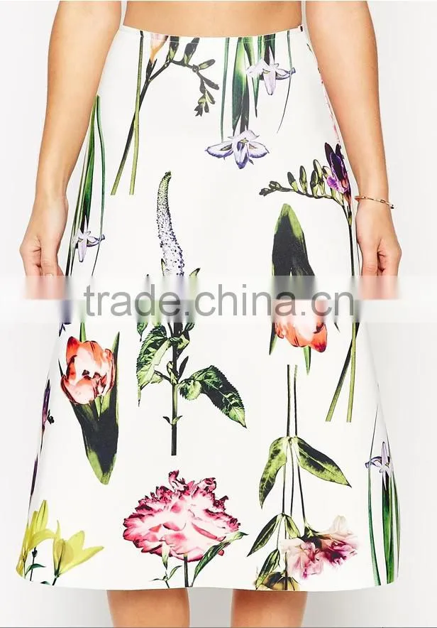 Midi Skirt In Taffeta Fabric With Botanical Floral Print