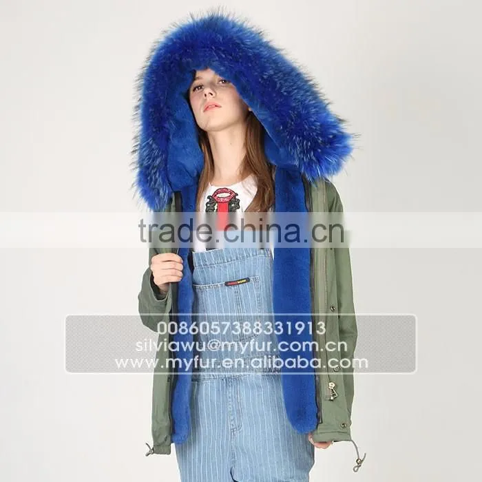 Myfur Luxury High Quality Faux Fur Lining Raccoon Fur Hooded Mini Parka Jackets