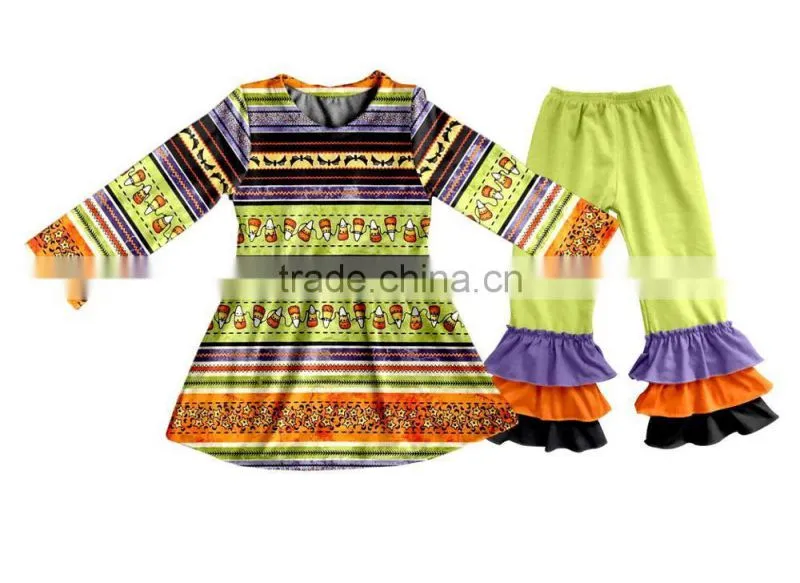 Wholesale Girls Boutique Outfits Halloween Clothes Baby Girl 2Pcs Set Children Flutter Pumpkin Appliqued Baby Clothes