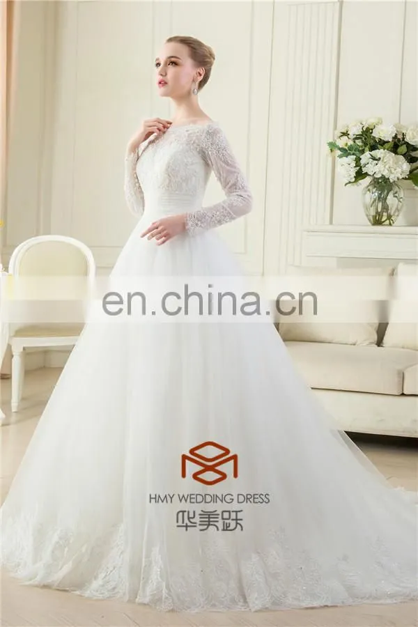 OEM Supply Muslim Long Sleeve Real Pictures Wedding Gown HMY-RP001 New Arrivals White Lace Appliques A Line 2015 Wedding Dress