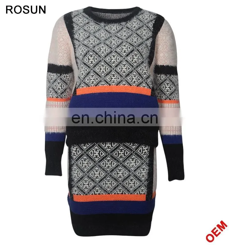 Women Winter Classic Mohair Jacquard Partten Mini Knitted Dress Suits