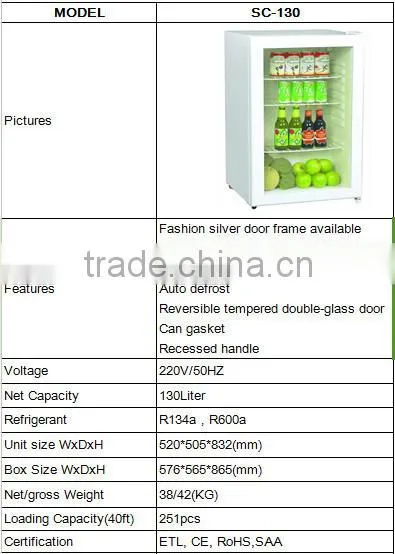 130L upright mini display cooler wth double glass door