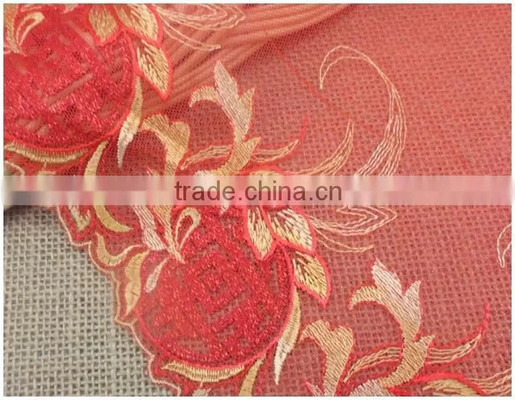 Nylon Net Cloth Gold Thread Red 7.8" Super Non-Strech Soft Warp Knitted Embroidery african lace fabrics