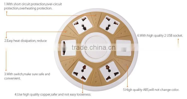 Round white body CE 5 ways universal Extension Socket