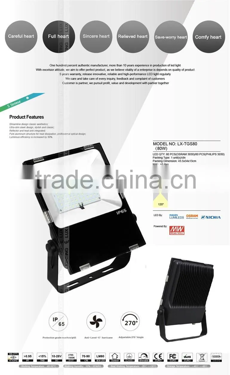 5 Years Warranty Promotion Price 2016 CE Rohs Approved Meanwell Driver Free Lighting Design 80W LED Flood Light