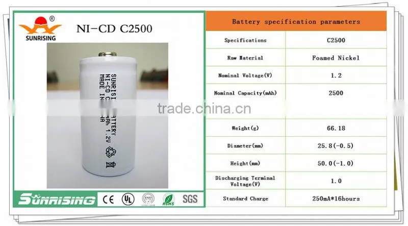 Nicd C 2500mAh Rechargeable Battery / 1.2V Ni CD Rechargeable Battery