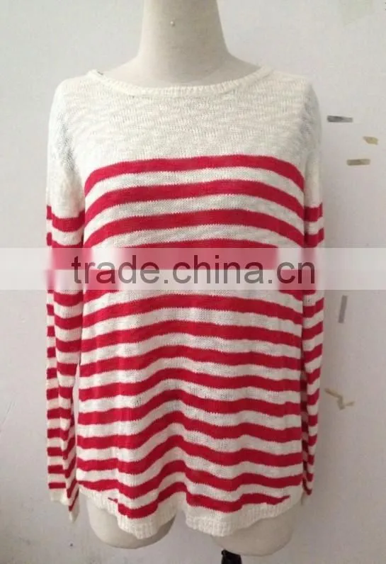 New design round neck red striped casual pullover lady sweater