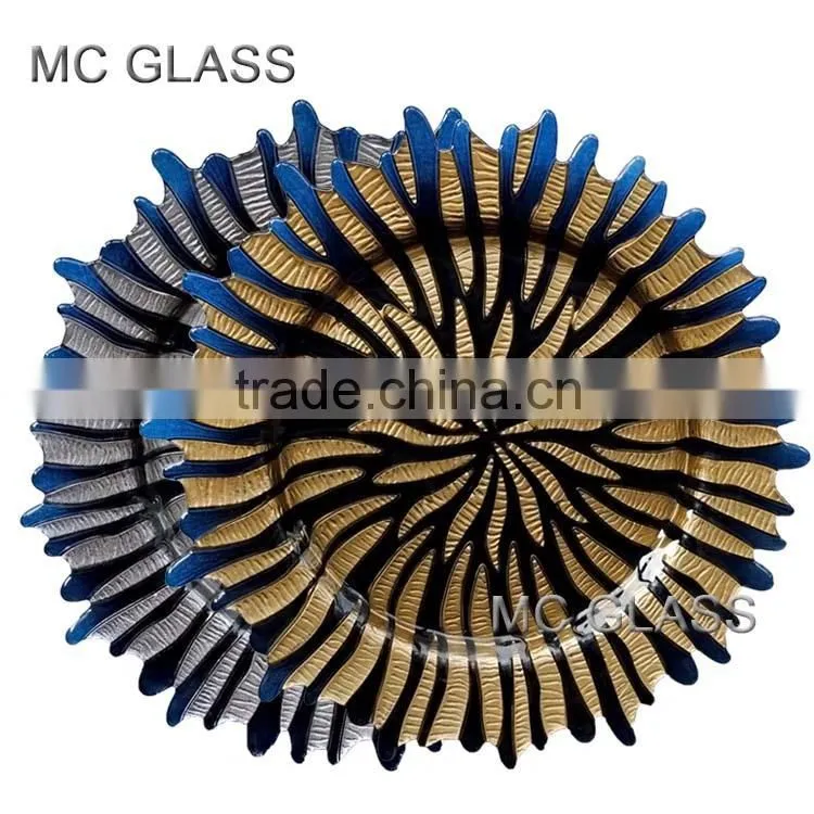 Wholesale Newest Wedding and Home Use Gold Silver Sun Flower Glass Decorative Plate