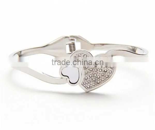 Classic tricolor stainless steel open crystal bangle heart jewelry wedding for women