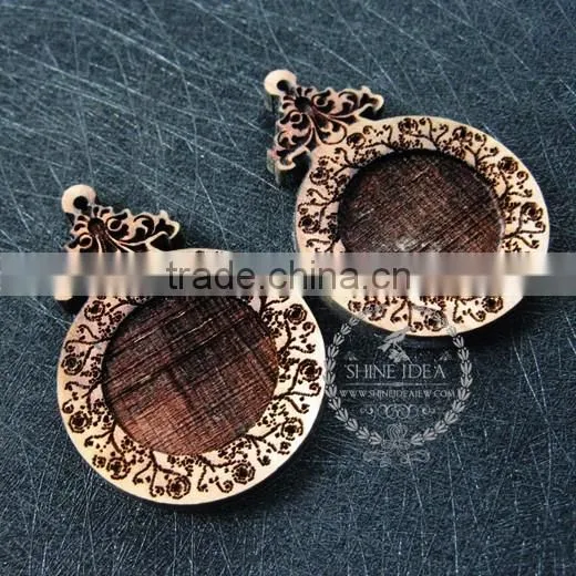 25mm setting size vintage style natual log wood bezel carving flower round pendant setting DIY findings supplies 1411149