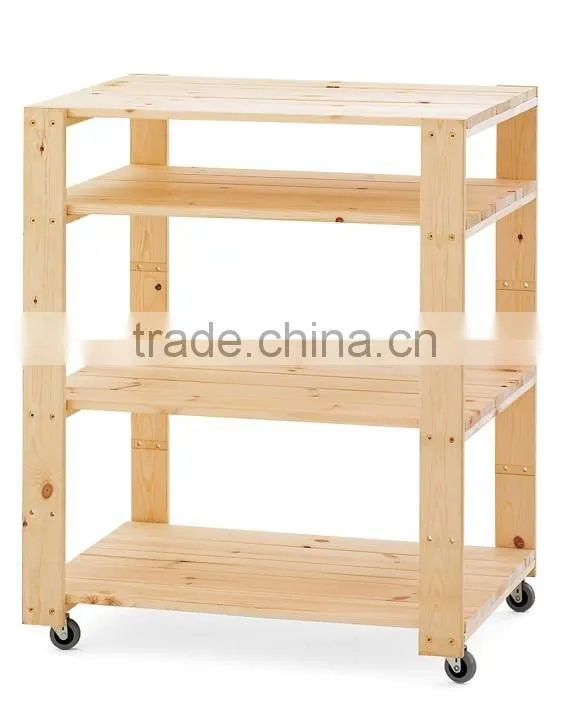 Natural Wood Shelving-Utility Cart with Wheels Wooden Shelf