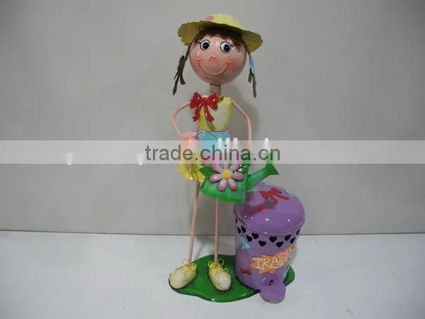 Metal beautiful girl foot pedal dustbin decoration