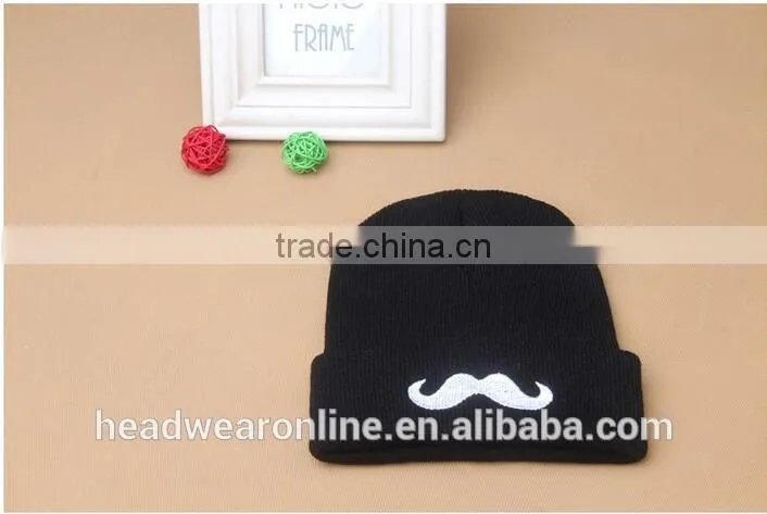Custom Fashion High Quality Moustache Embroidey Knitted Hats And Beanie Hats