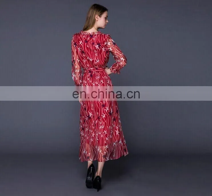 star patterned fashionable long sleeve red chiffon long dress with waistband