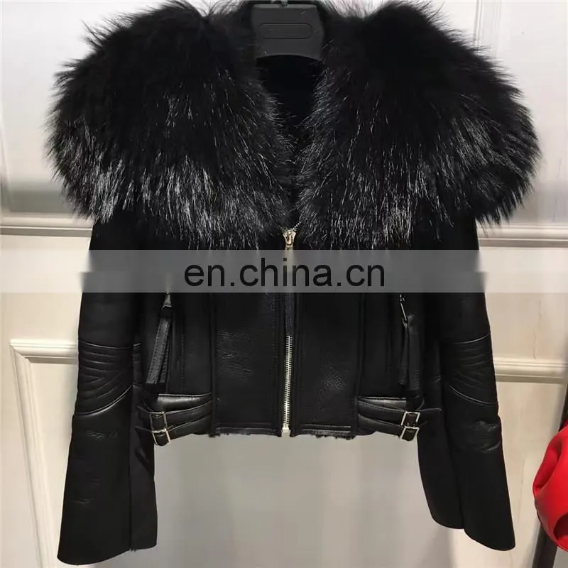 2016 Fashion European Leather Jacket Trench Raccoon Fur Coat For Ladies