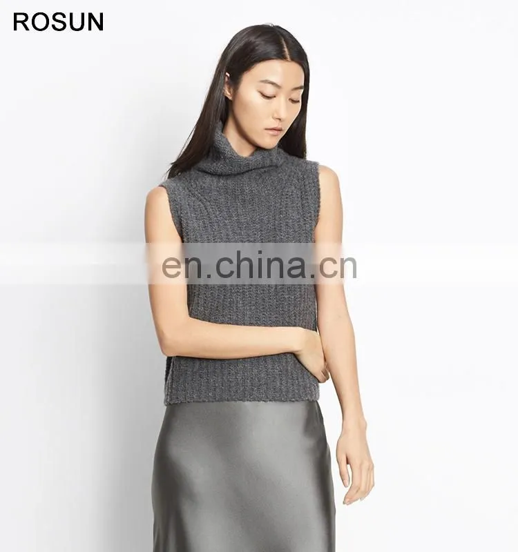 Women Grey Chunky Rib Cashmere Sleeveless Turtleneck Sweater