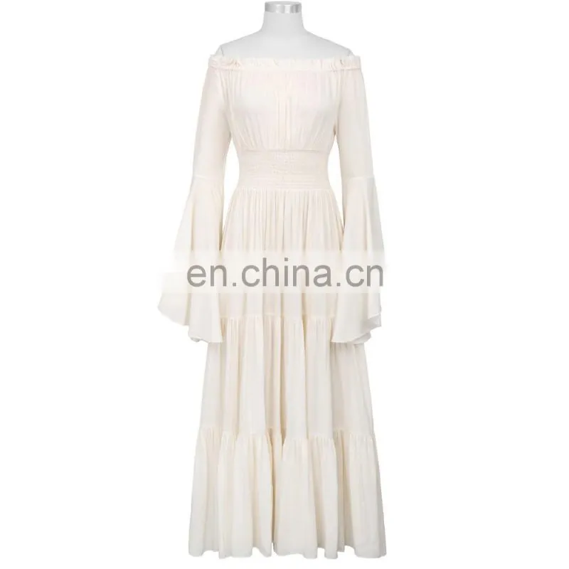 Belle Poque Retro Vintage Long Bell Sleeves Off Shoulder Cotton Flared A-Line Beige Long Maxi Dress BP000401-1