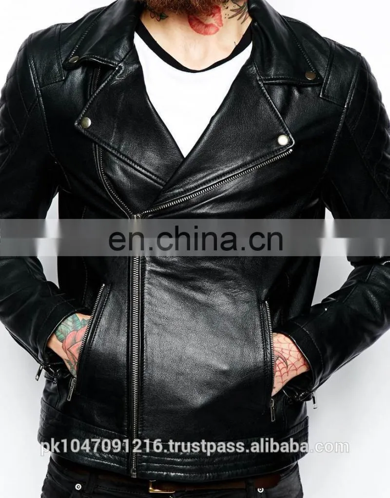 Men's Fashion Genuine Cowhide Milled Leather Bomber/Biker Jacket Quilted Pocket in Black