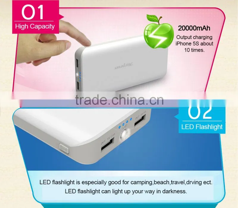 2014 popular LED torch Dual USB output power bank 20000mah