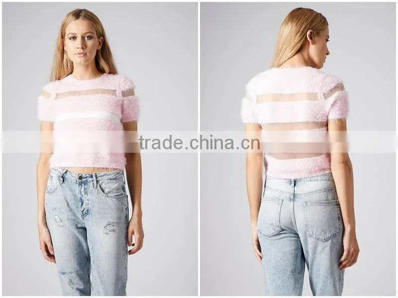 Fluffy Stripe Jumper Sweater Short Sleeve Crop Top Fuzzy Pastel Candy Colors