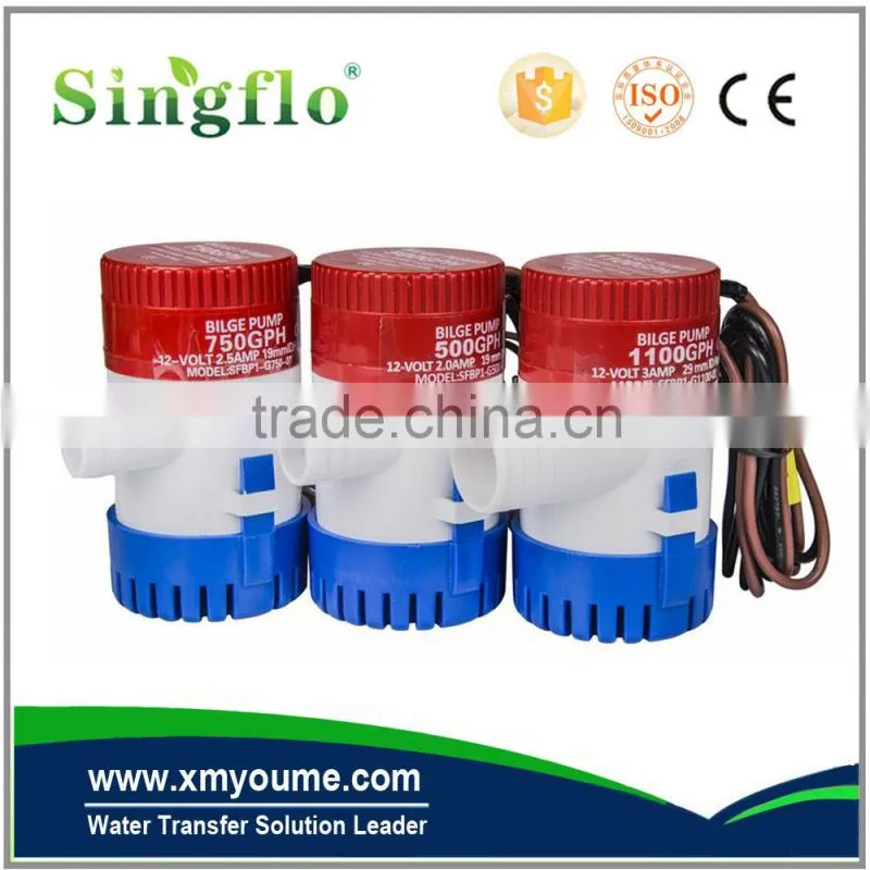 Singflo new designed 12V/24v 600-1100GPH submersible 12v dc marine bilge pump automatic