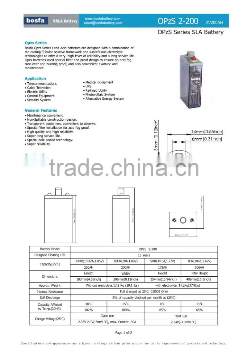 opzs tubular plate solar batteries 200ah 2v