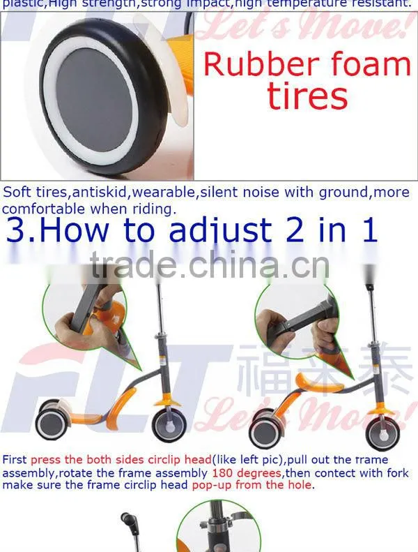 Hot selling 2 in 1 FLT-1006 three wheel kids scooter with strong steel and PU wheel for sale in 2013