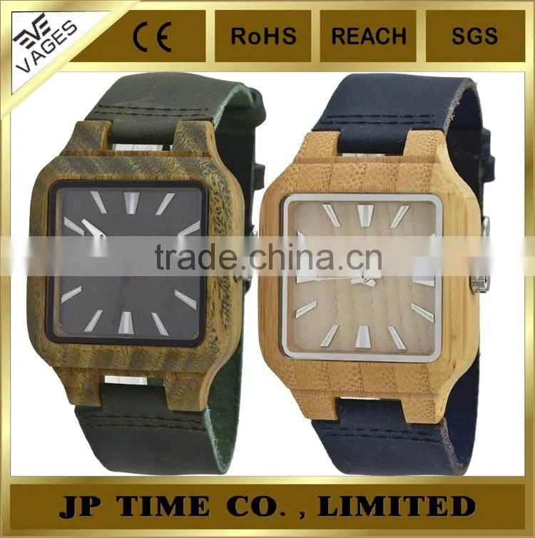 square case analog quartz wooden watch leather Japan movement laser logo