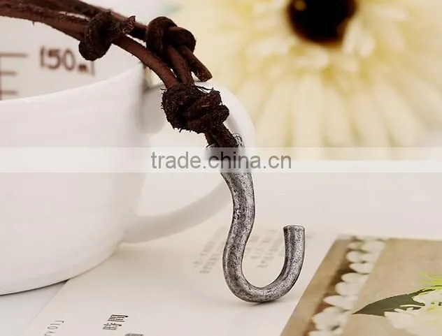 vintage real cow leather fish hook pendant bown genuine cowhide necklace for men