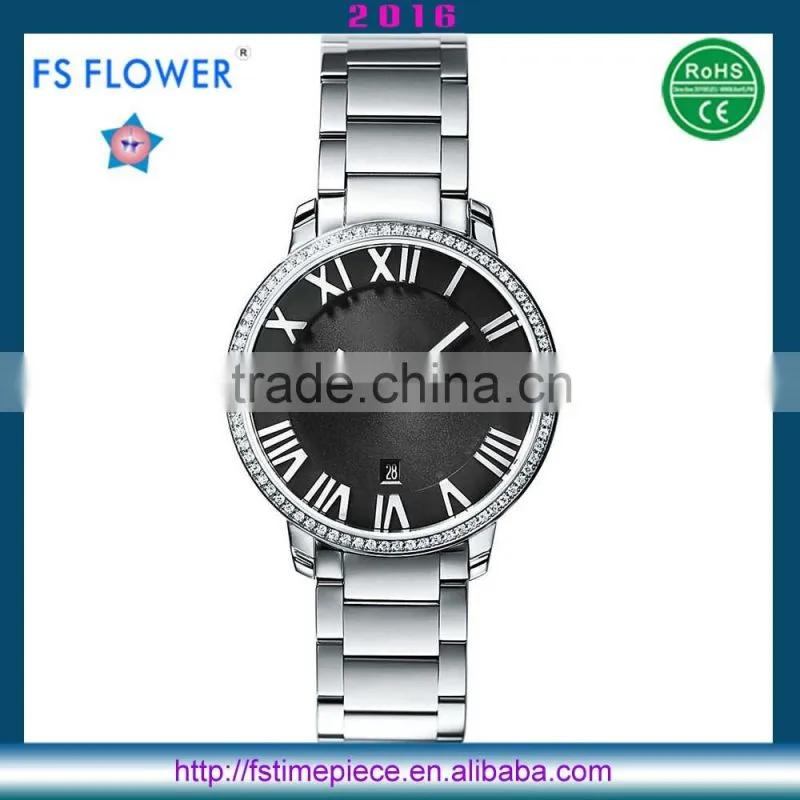 FS FLOWER - Women Stone Double Dial Quartz Watch Stainless Steel Back Water Resistant Watch