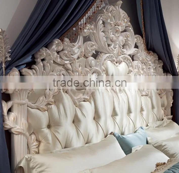 Graceful antique white color solid wood hand carved headboard double bed