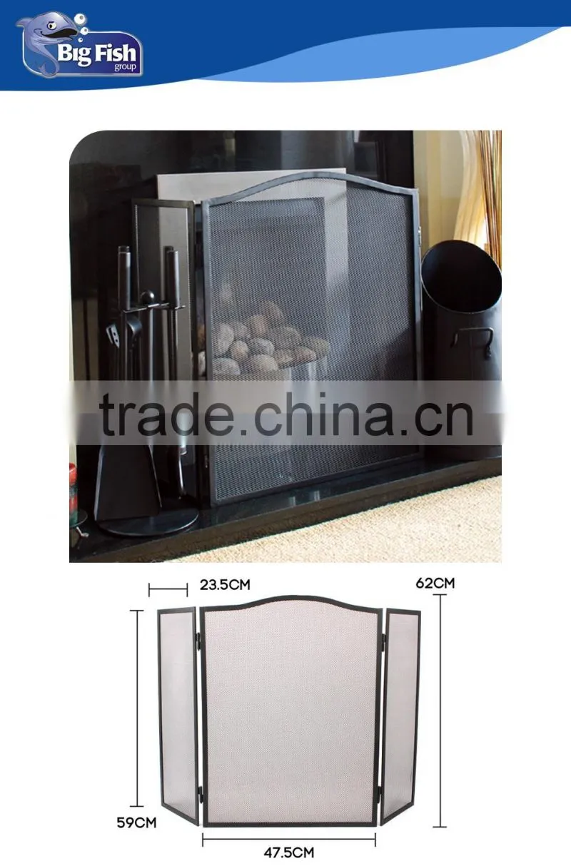 Black Coated Fire Screen with Three Panels Made of Metal